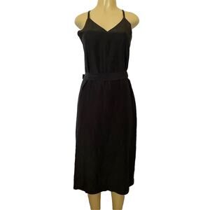 JBNY Silk Midi Dress Black V Neck Wrap Spaghetti Strap Side Slit A line M